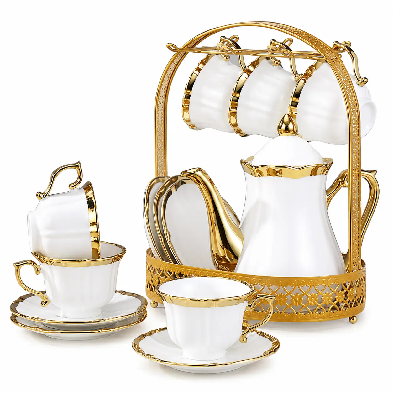 Luxury Porcelain Tea & Coffee Set with Cups, Teapot and Metal Stand - Gold