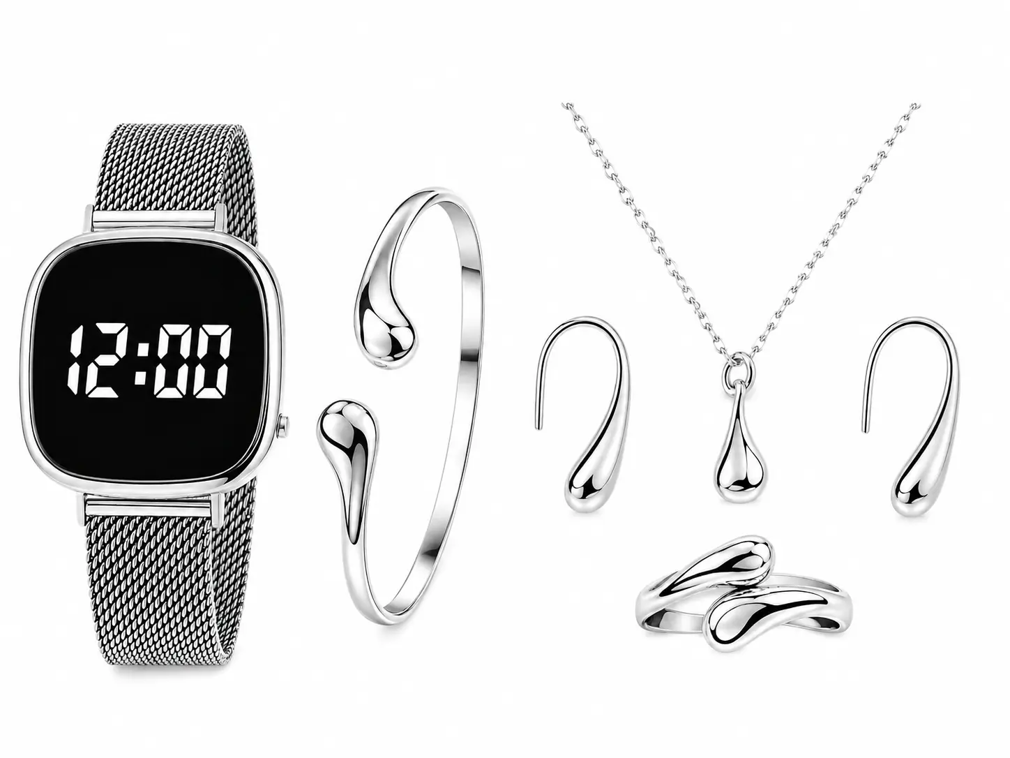 Modern Silver Teardrop Watch & Jewelry Set - Elegant Matching Collection - Water drops