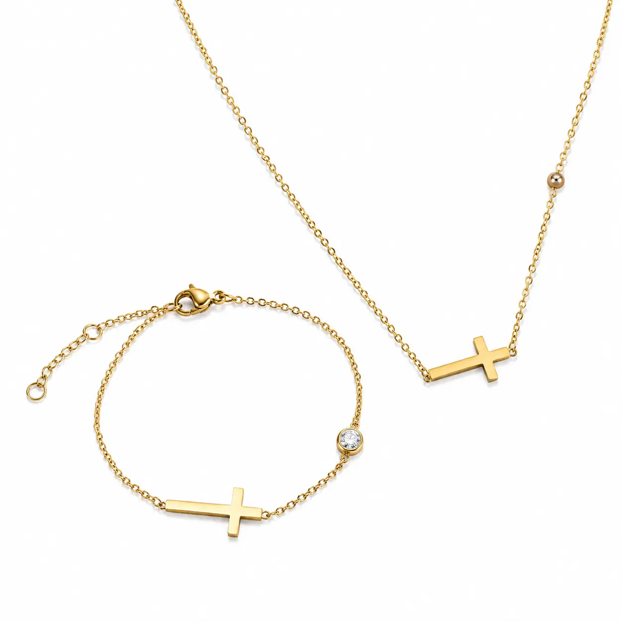Titanium Steel Cross Necklace & Bracelet Set for Women - Elegant Jewelry