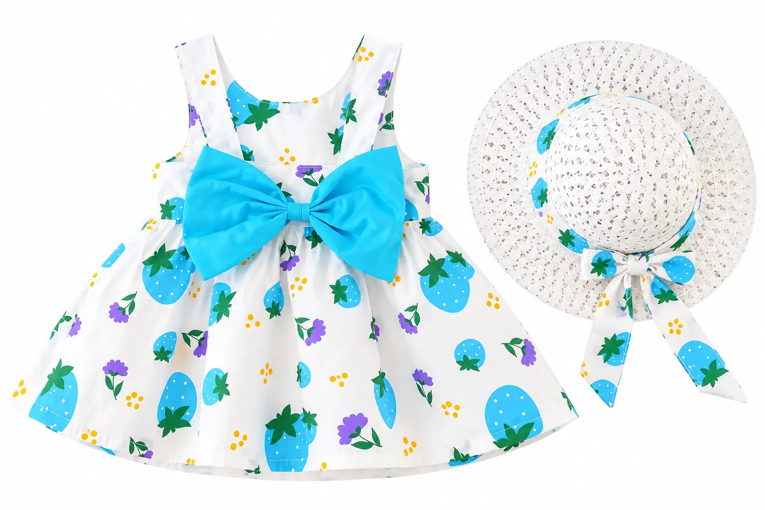 Baby Girls 2-Piece Summer Floral Party Dress & Matching Sun Hat Set - White, blue, Yellow  - 3 years