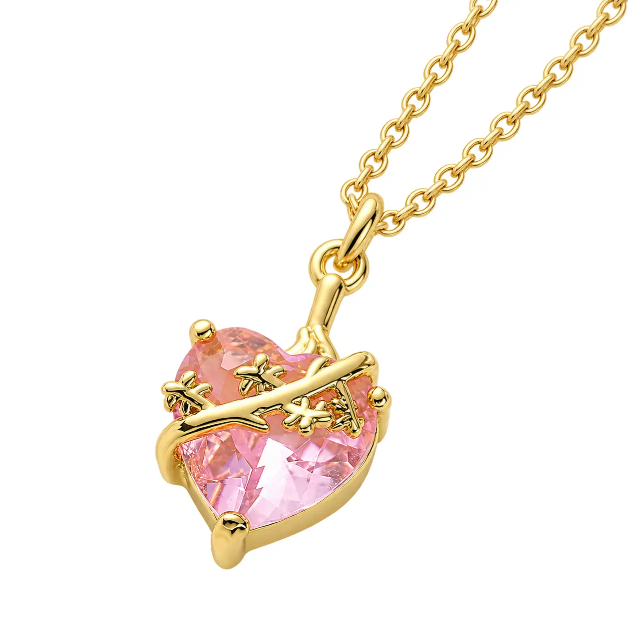 18K Gold Plated Zircon Inlaid Copper Pink Heart Pendant Necklace for Women