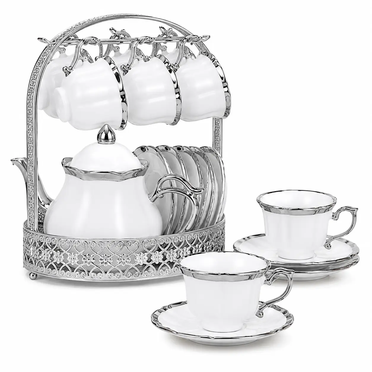 Luxury Porcelain Tea & Coffee Set with Cups, Teapot and Metal Stand - Silver