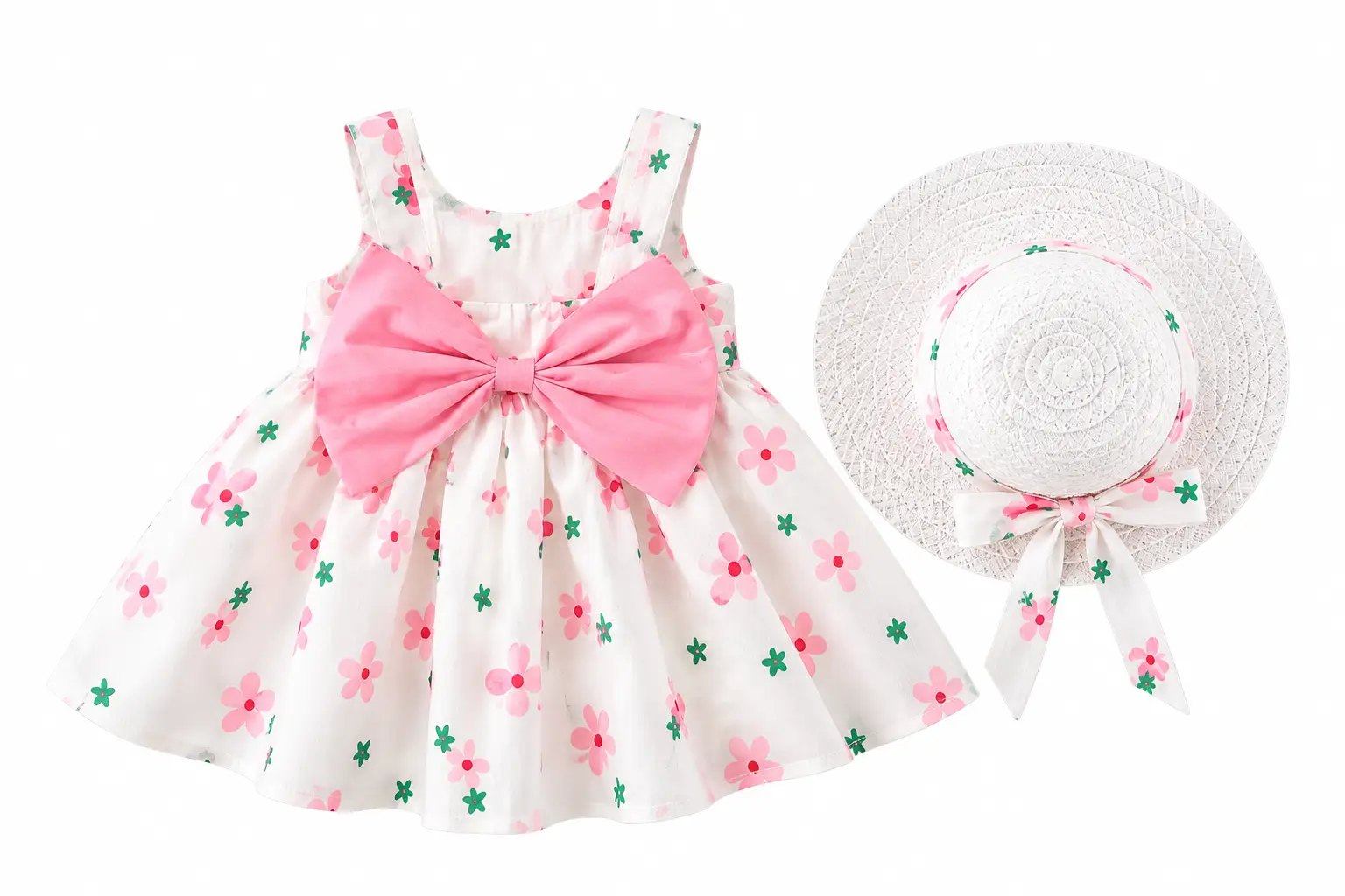 Baby Girls 2-Piece Summer Floral Party Dress & Matching Sun Hat Set - White, Pink, Blue - 1 year