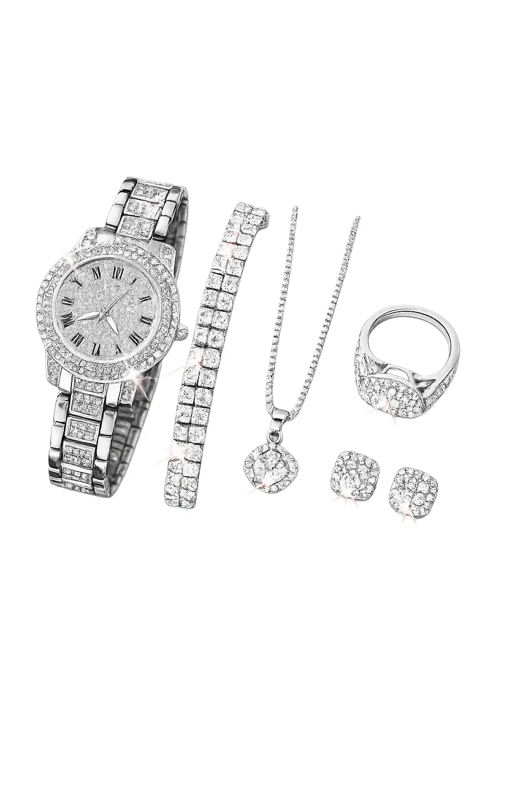 Luxury 6-Piece Silver-Tone Women's Quartz Watch & Jewelry Gift Set