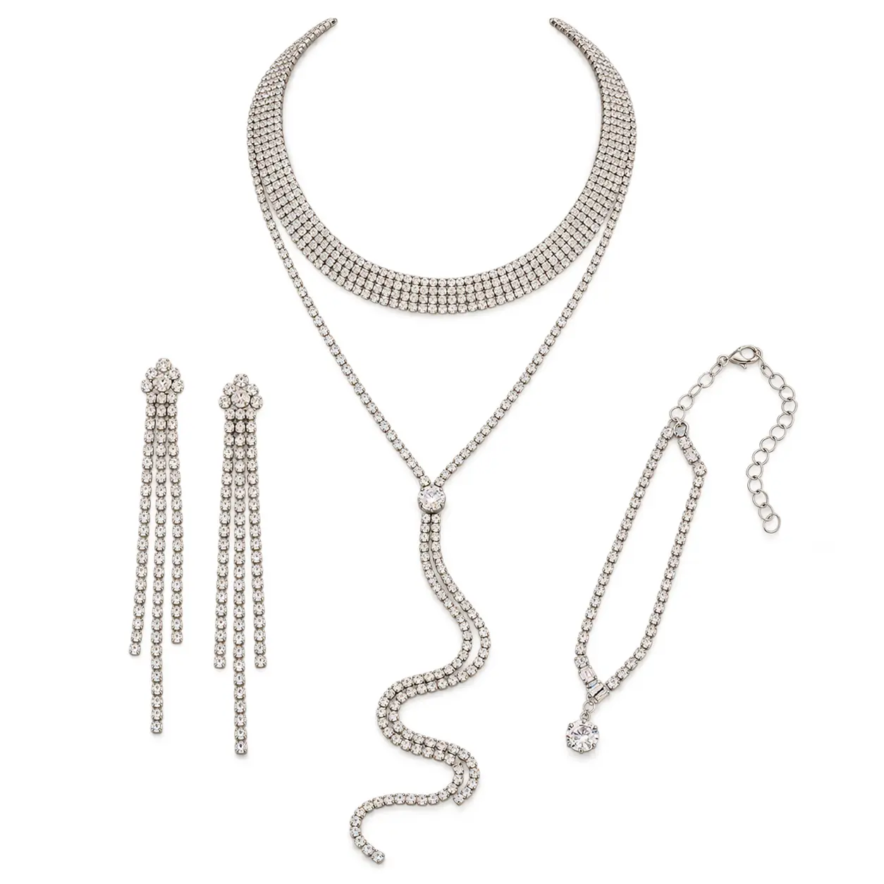 Silver Rhinestone Necklace, Bracelet and Earrings Set for Women