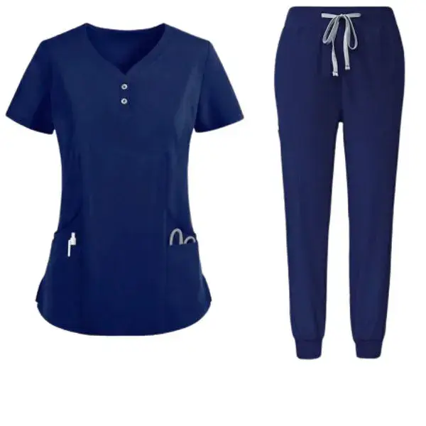 Women's Professional Nursing Uniform Set - V-Neck Scrub Top & Jogger Pants - Blue - M