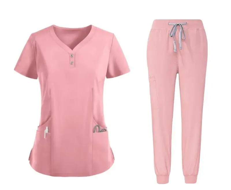 Women's Professional Nursing Uniform Set - V-Neck Scrub Top & Jogger Pants - Pink - XL