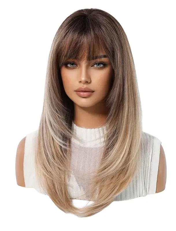 Ombre Blonde Wig with Bangs 150% Density Straight Layered Synthetic Hair XL