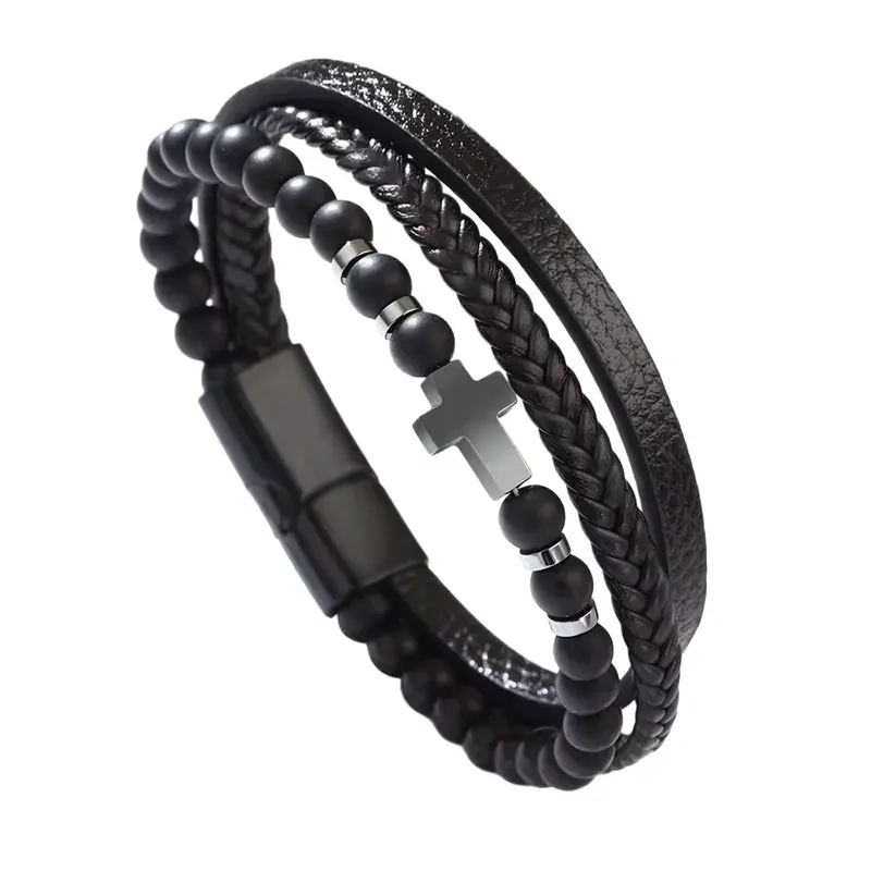 Men's Retro Cross Bracelet | Natural Hematite Stone | Alloy Cord & Leather - Black