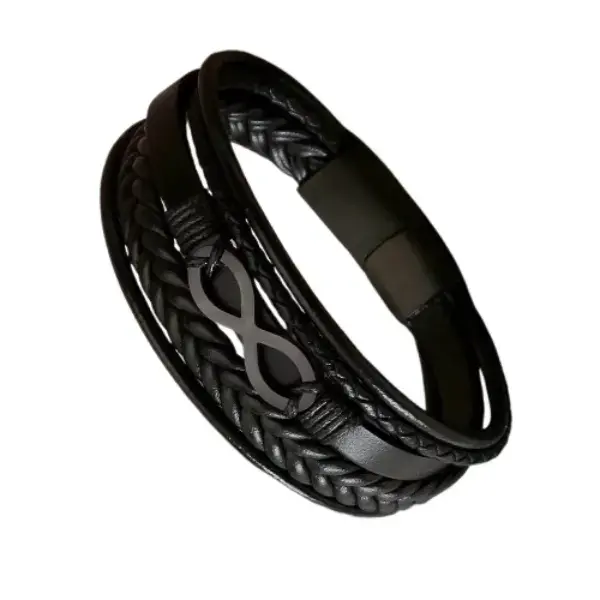 Retro Number Men's Bracelet - Braided Leather & Titanium Steel Bangle - Black