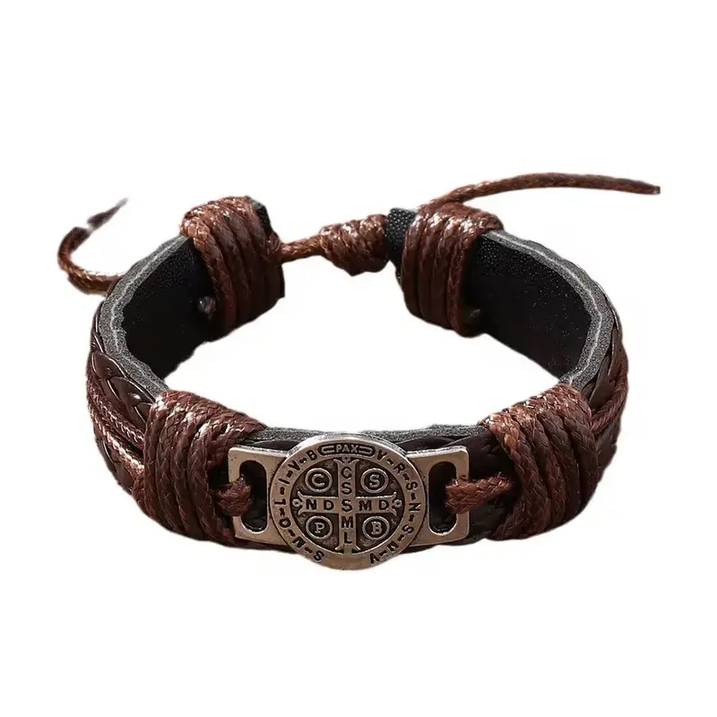 Retro Men's Hand-Woven Leather Bracelet - Adjustable Pull Cord Design - Brown