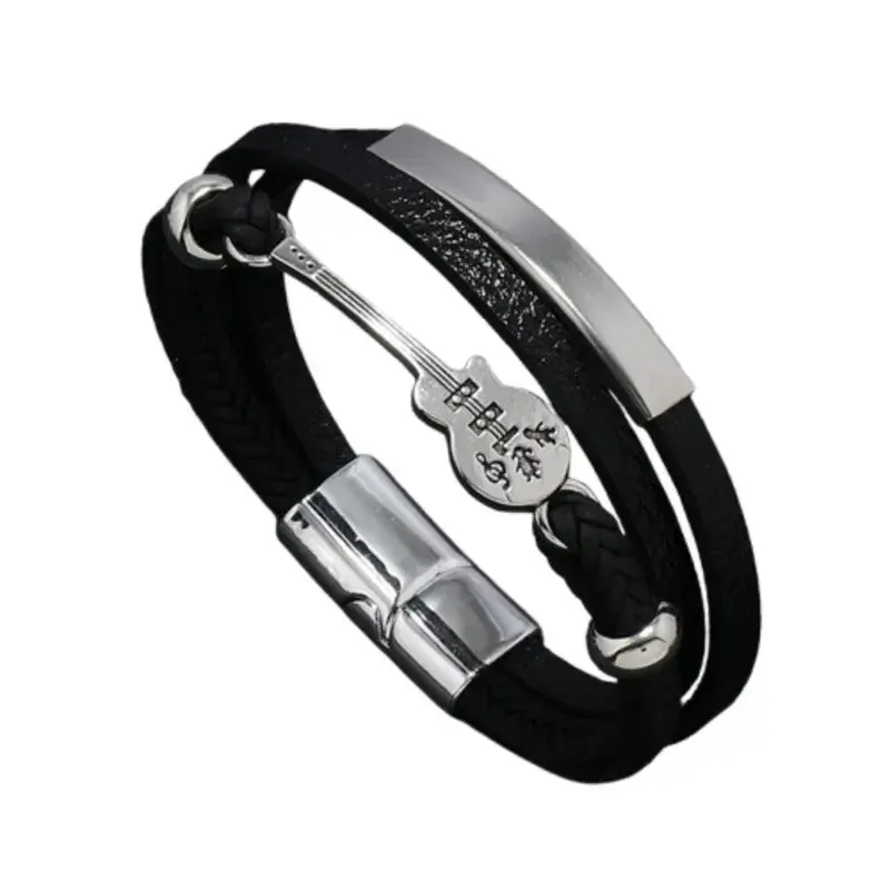 Original Guitar Design Men's Bracelet - Alloy & Leather Cord Wristband - Black, Silver